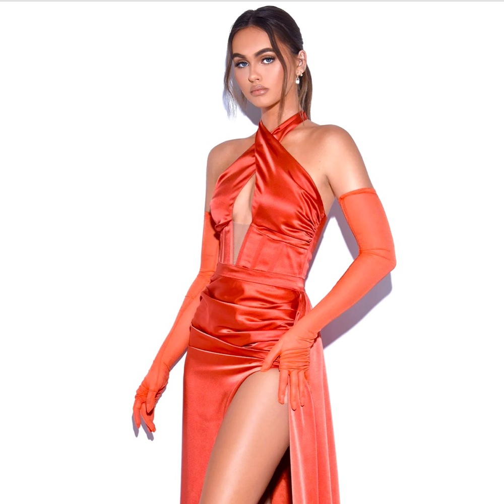 Miss Circle Wonder Poppy High Slit Satin Draping Gown 🧡🔥